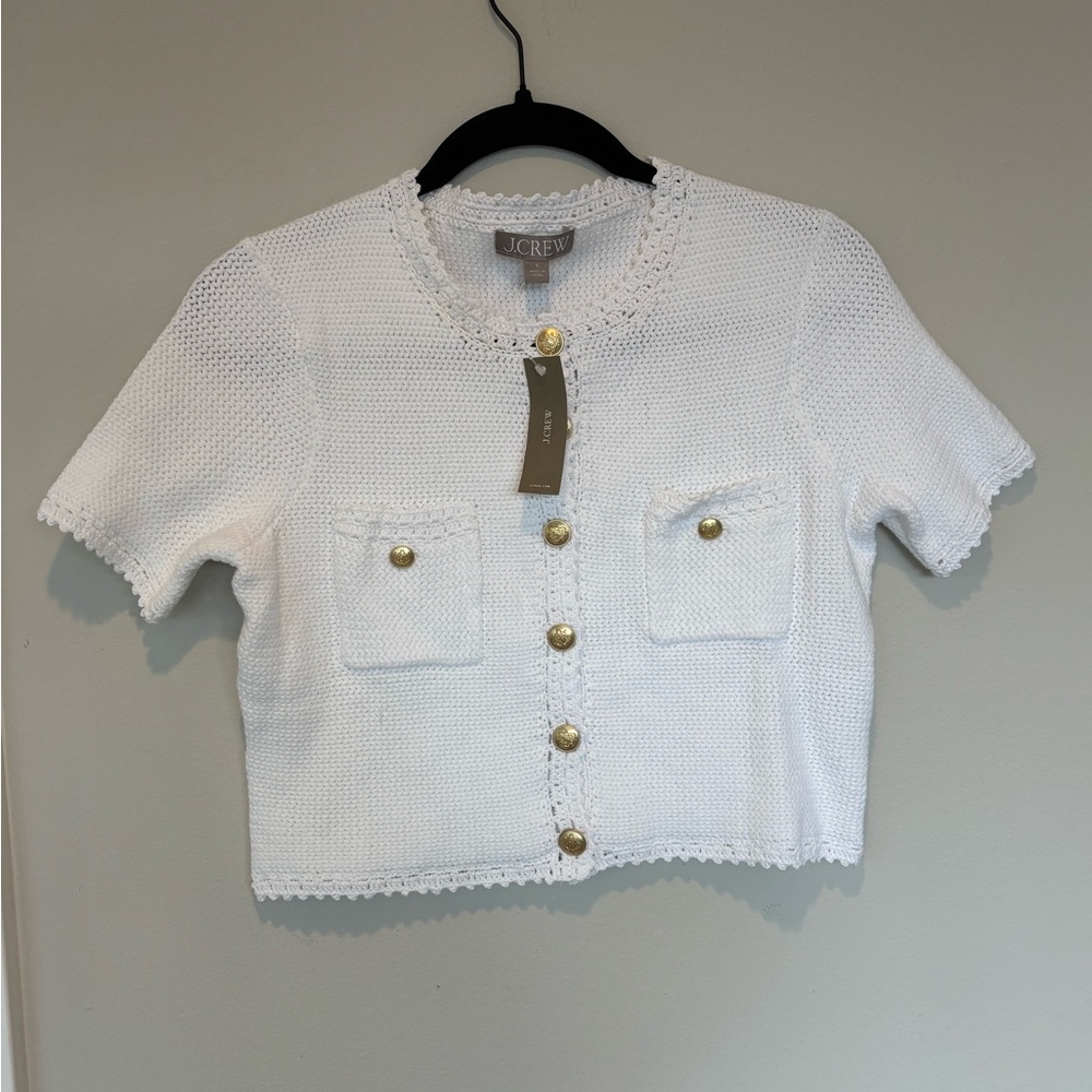 J. Crew White Knit Cardigan with Gold Accents